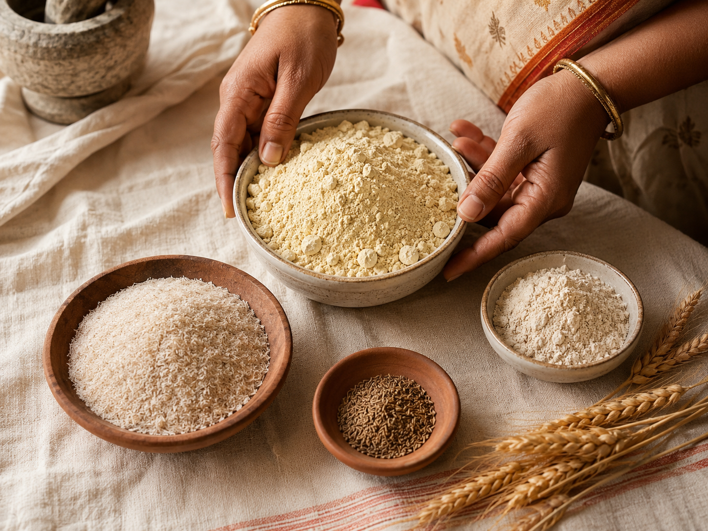 Bowls of the plant protein blend: soy flour, rice protein and isabgol