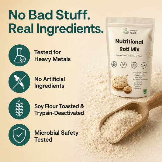 No bad stuff, real ingredients - tested for heavy metals, no artificial ingredients, soy flour toasted and trypsin-deactivated, microbial safety tested