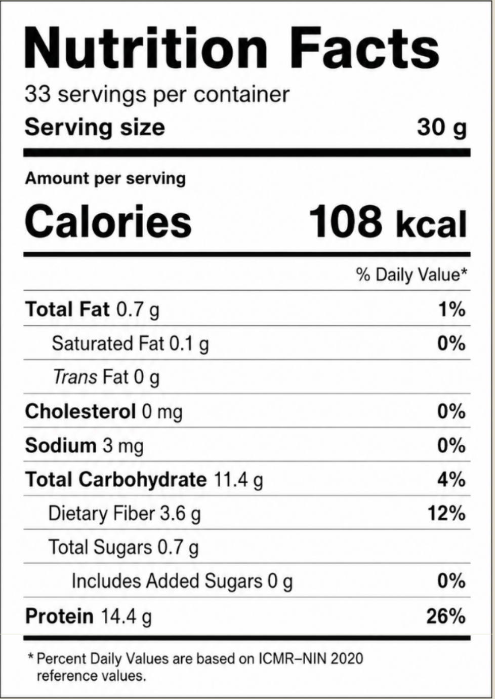 Nutrition Facts label for Svayam Nutritional Roti Mix, 33 servings per container, 14.4g protein per 30g serving