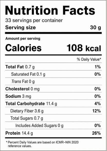 Nutrition Facts label for Svayam Nutritional Roti Mix, 33 servings per container, 14.4g protein per 30g serving