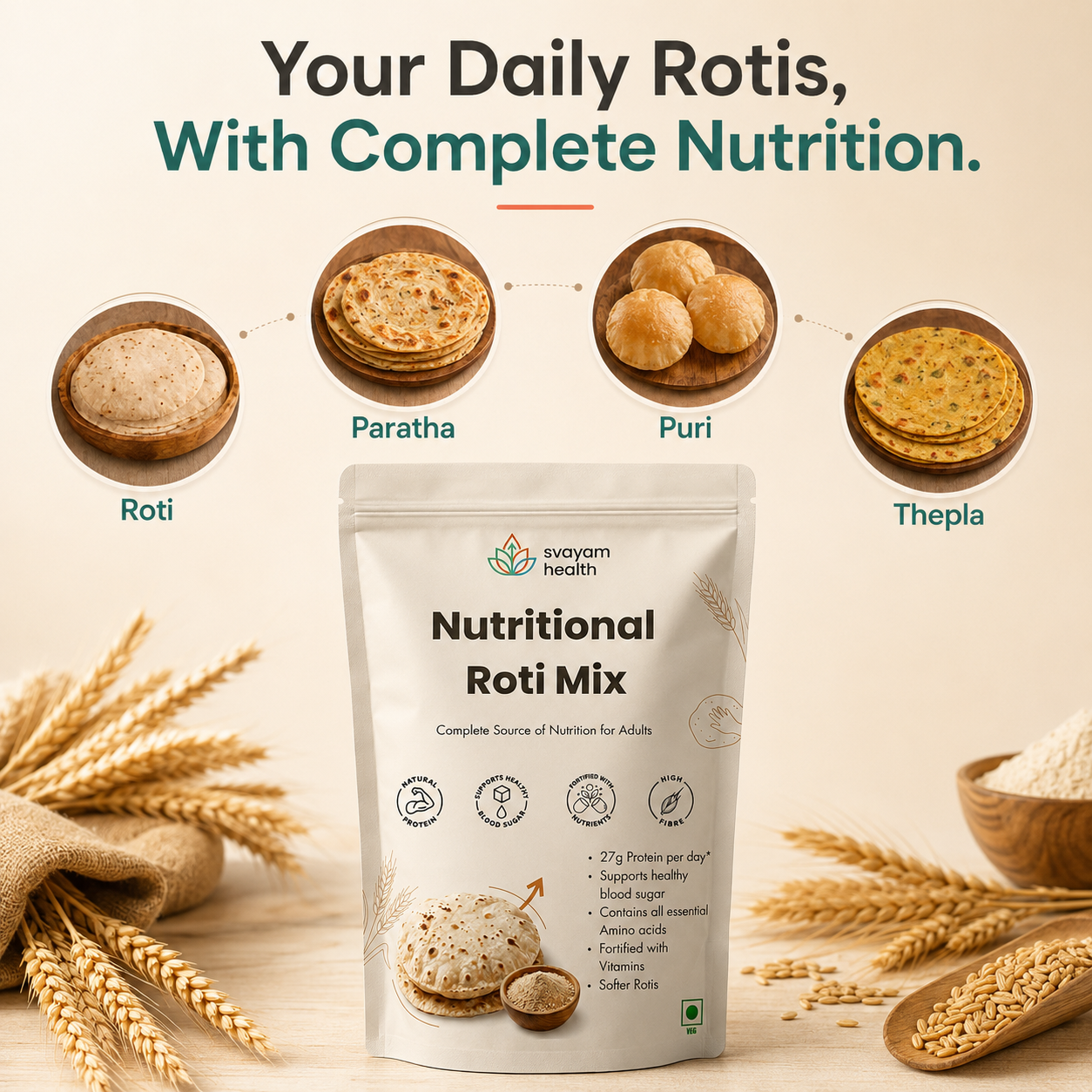 Your daily rotis, parathas, puris and theplas with complete nutrition from Svayam Nutritional Roti Mix